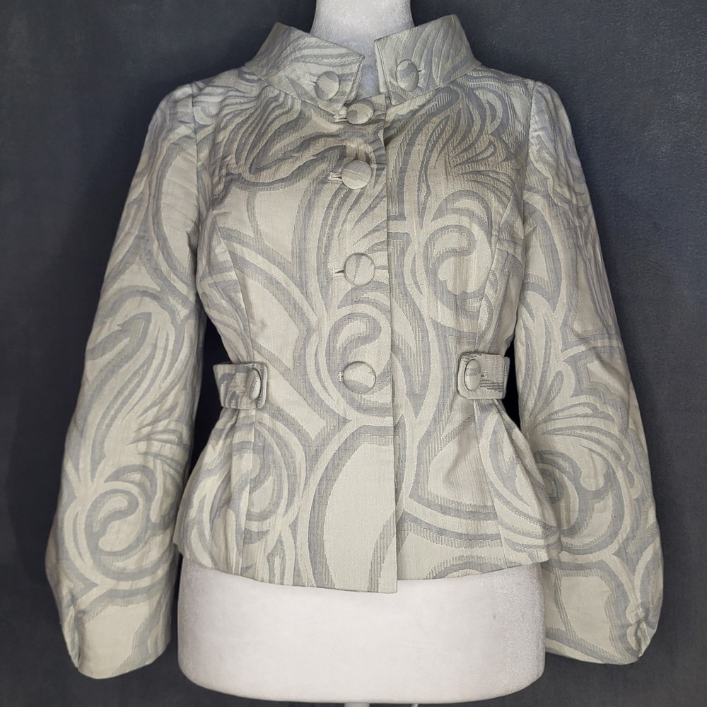 Anthropologie Tabitha Jacquard‎ Cropped Jacket - Ivory and Silver Size 4